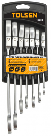 Набор комбинированных трещоточных ключей с шарниром, 8-19 мм, 7 предметов TOLSEN TT15259 Набор комбинированных трещоточных ключей с шарниром, 8-19 мм, 7 предметов TOLSEN TT15259