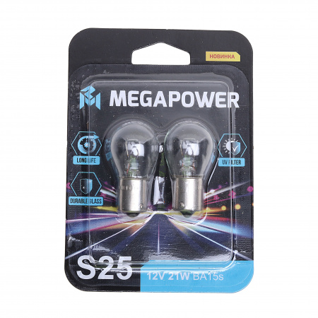 Автолампа P21W (BA15s) LONG LIFE (блистер, 2шт) 12V MEGAPOWER /1/10