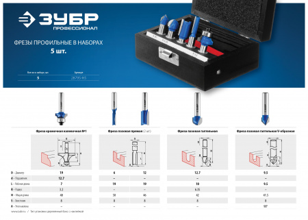 ЗУБР 5 шт, набор профильных фрез по дереву, Профессионал (28795-H5)
