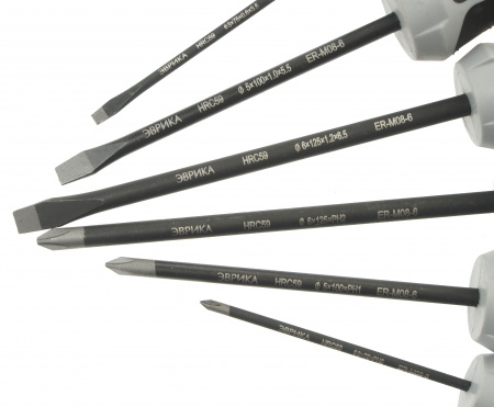 Набор отверток ER-M08-6  SL3.5x75 Ø3, SL5.5x100 Ø5, SL6.5x125 Ø6; PH0x75 Ø3, PH1x100 Ø5, PH2x125 Ø6, стержень S2, 6 предметов HRC≥59 ЭВРИКА /1/12 NEW