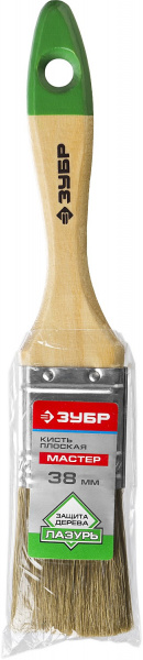 ЗУБР ЛАЗУРЬ, 38 мм, 1.5″, светлая смешанная щетина, деревянная ручка, для высокотекучих ЛКМ, плоская кисть (4-01009-038)