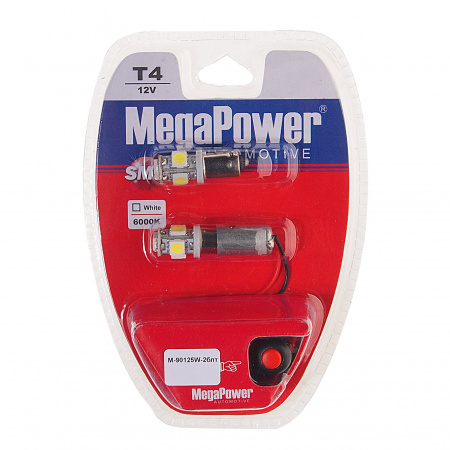 Автолампа T4W (BA9s) 5 SMD 5050 WHITE блистер с тестером (2 шт) 6000K 100лм   12V MEGAPOWER /1 /25
