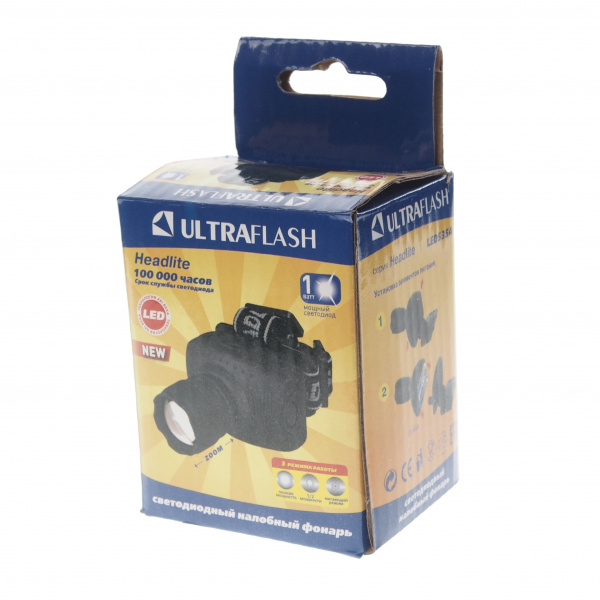 Фонарь UF-5354 1 LED BLACK с коллиматорной линзой головной, 3 режима, 3*ААА ULTRAFLASH /1/10/100