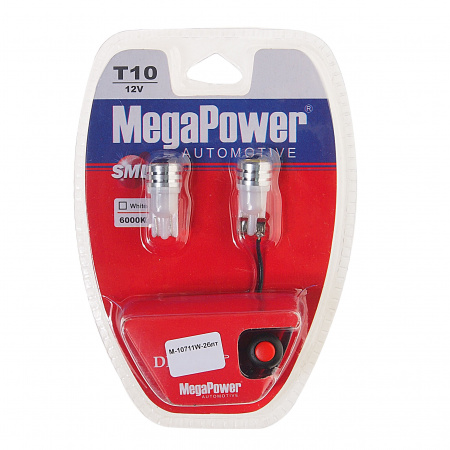 Автолампа T10W (W2,1x9,5d) 1 SMD 7080 WHITE блистер с тестером (2 шт) 6000K 80лм   12V MEGAPOWER /1 /25