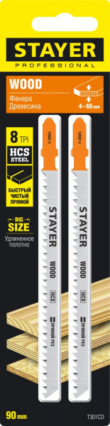 STAYER T301CD, T-хвост., HCS сталь, по дереву, шаг зуба 3 мм (6TPI), раб. длина 90 мм, 2 шт, полотна для лобзика, Professional (15982-4)