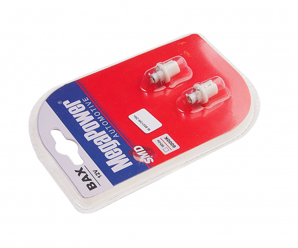 Автолампа T5 (W2*4.6d с патроном B8.5d) 1 SMD 3528  WHITE блистер (2шт) 6000K 18лм   12V MEGAPOWER /1 /50