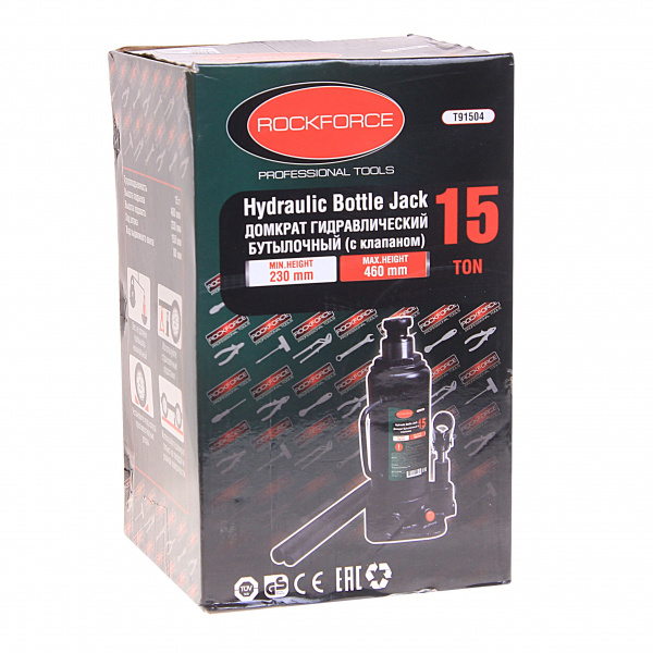 Домкрат гидравлический RF-T91504 бутылочный с клапаном 15т (выс.подъема 230-460мм) ROCKFORCE /1/2 Домкрат гидравлический RF-T91504 бутылочный с клапаном 15т (выс.подъема 230-460мм) ROCKFORCE /1/2