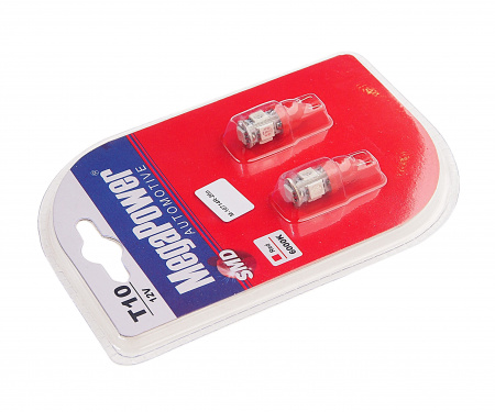 Автолампа T10W (W2,1x9,5d) 5 SMD 5050 RED блистер (2 шт) 40лм   12V MEGAPOWER /1 /50