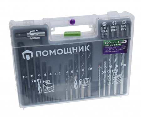 Набор бит и сверл 423090 с расходниками 300 пр., в кейсе Помощник /1/20