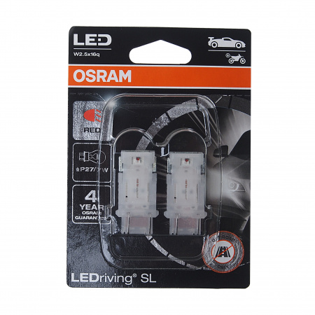 Автолампа P27/7W (W2.5x16q) LED (блистер, 2шт) RED 12V OSRAM /10