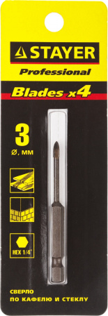 STAYER 3 мм, 4х кромка, HEX 1/4, Сверло по стеклу и кафелю (2985-03)