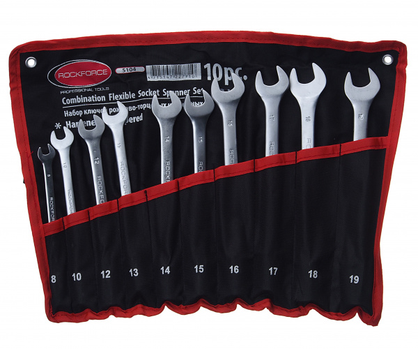 Набор ключей рожково-торцевых RF-5104: шарнирных 10пр. (8, 10, 12-19мм) на полотне ROCKFORCE /1/10 Набор ключей рожково-торцевых RF-5104: шарнирных 10пр. (8, 10, 12-19мм) на полотне ROCKFORCE /1/10