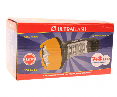 Фонарь C-3818 7+8 LED BLACK/YELLOW 15см с аккумулятором, 2 режима 220V ULTRAFLASH /1/5/60