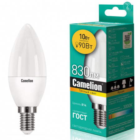 Лампа светодиодная E14 C35 10W тёплый свет CAMELION 1/10/100