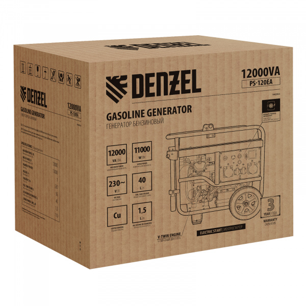 Генератор бензиновый PS-120EA, 12 кВт,230 В, 40л, разъём ATS,эл.старт Denzel Генератор бензиновый PS-120EA, 12 кВт,230 В, 40л, разъём ATS,эл.старт Denzel