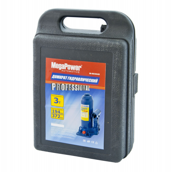 Домкрат гидравлический M-90304S бутылочный 3т (выс.подъема 194-372мм) с клапаном в кейсе MEGAPOWER /1/6 HIT