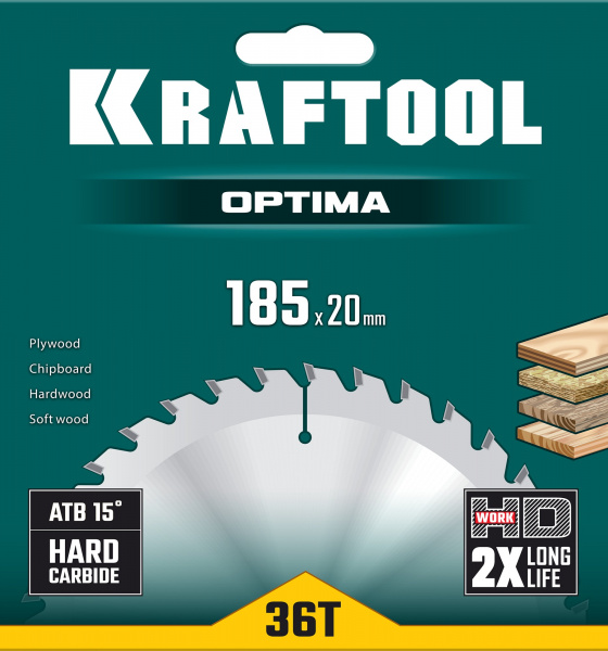 KRAFTOOL Optima, 185 х 20 мм, 36Т, пильный диск по дереву (36951-185-20)