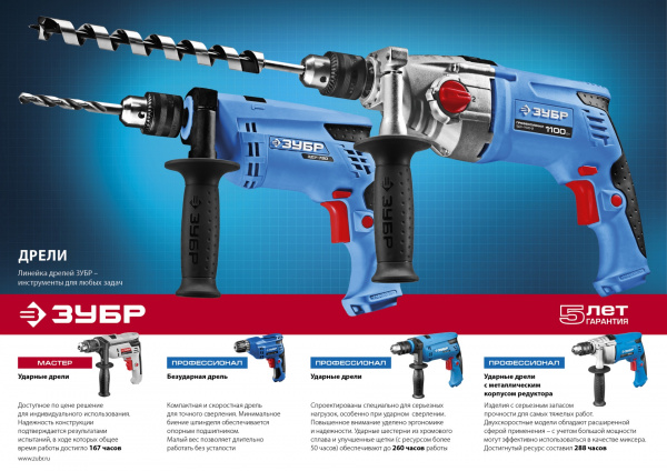 ЗУБР 850 Вт, 13 мм, ударная дрель, мет. корпус, Профессионал (ЗДУ-850 ЭРММ2)