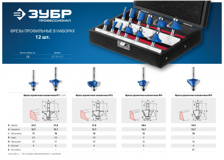 ЗУБР 12 шт, набор профильных фрез по дереву, Профессионал (28796-H12)
