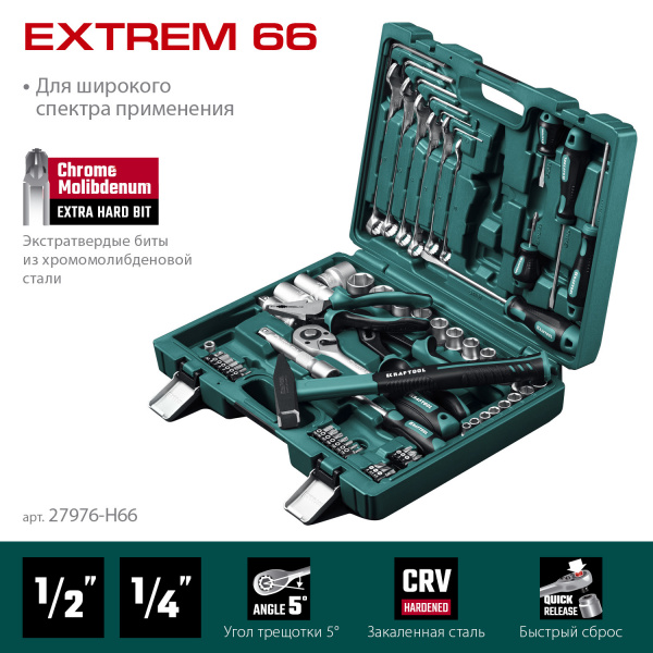 KRAFTOOL EXTREM-66, 66 предм., (1/2″+1/4″), универсальный набор инструмента (27976-H66) KRAFTOOL EXTREM-66, 66 предм., (1/2″+1/4″), универсальный набор инструмента (27976-H66)