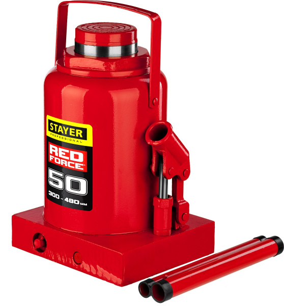 STAYER RED FORCE, 50 т, 300 - 480 мм, бутылочный гидравлический домкрат, Professional (43160-50)