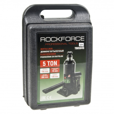 Домкрат гидравлический RF-T90504S(DS) бутылочный с клапаном 5т (выс.подъема 195-395мм) в кейсе ROCKFORCE /1/5