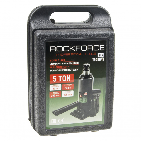 Домкрат гидравлический RF-T90504S(DS) бутылочный с клапаном 5т (выс.подъема 195-395мм) в кейсе ROCKFORCE /1/5