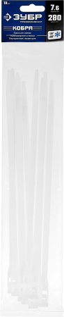 ЗУБР КОБРА, 7.6 x 280 мм, нейлон РА66, 10 шт, белые, кабельные стяжки с плоским замком, Профессионал (30930-76-280)