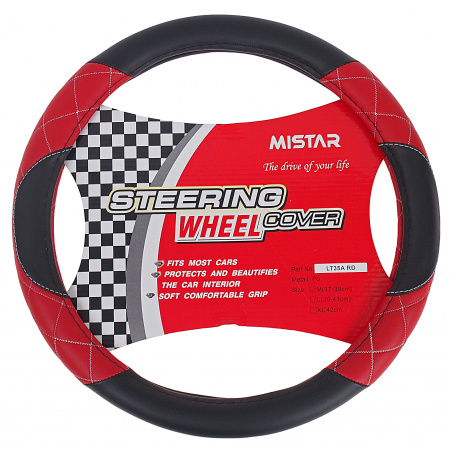 Оплетка руля MIS-LT35A (M) BLACK/RED кожа MISTAR /1/25