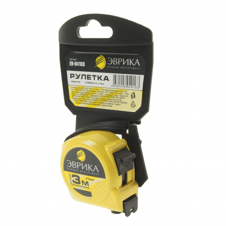 Рулетка ER-04103 3м 16мм YELLOW пластиковый корпус, фиксатор, держатель ЭВРИКА/1/12/120 NEW
