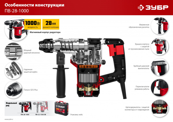 ЗУБР 28 мм, 1000 Вт, перфоратор SDS Plus (ПВ-28-1000) ЗУБР 28 мм, 1000 Вт, перфоратор SDS Plus (ПВ-28-1000)
