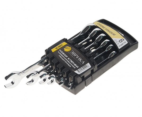 Набор ключей комбинированных ER-20617 трещоточных 6 предметов 6,8,10,12,14,17мм (на держателе) ЭВРИКА 5/20