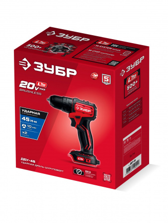 ЗУБР 20 В, 45 Н·м, без АКБ (LMS), бесщеточная ударная дрель-шуруповерт (ДБУ-45)