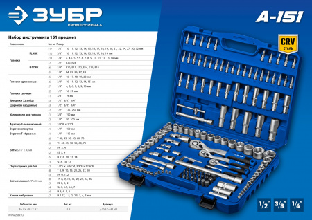 ЗУБР А-151, 151 предм., (1/2″+ 3/8″+ 1/4″), универсальный набор инструмента, Профессионал (27637-H150)