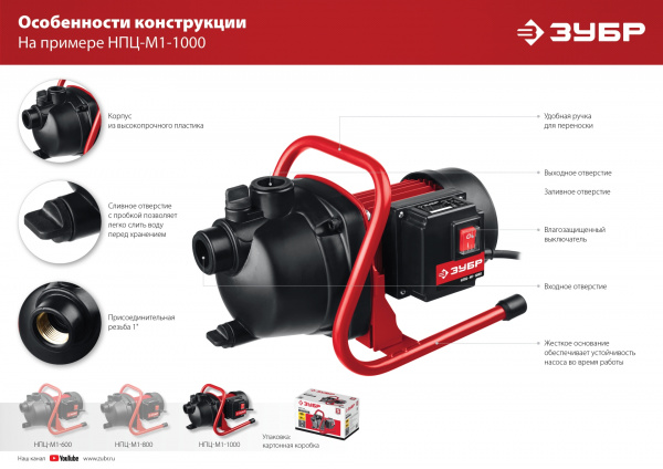 ЗУБР 800 Вт, поверхностный (садовый) центробежный насос (НПЦ-М1-800)