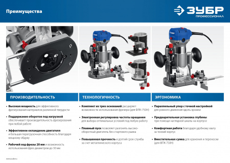 ЗУБР 750 Вт, кромочный фрезер, сумка, 3 основания, Профессионал (ФПК-750Н)