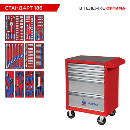 Набор инструментов 186 предметов, "СТАНДАРТ 186", в красной тележке МАСТАК 52-05186R