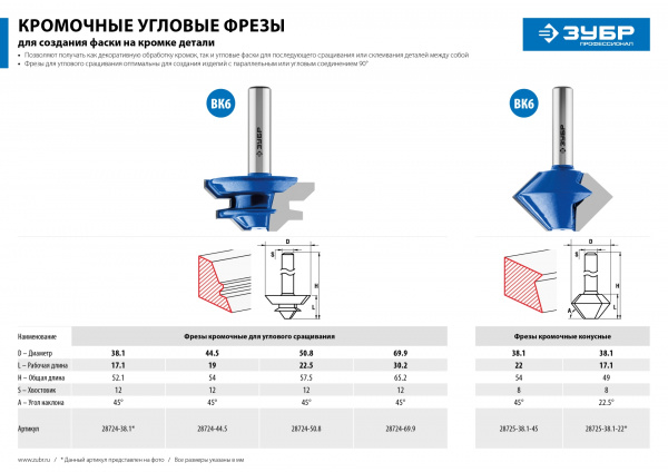 ЗУБР 44.5 x 21 мм, фреза кромочная для углового сращивания, Профессионал (28724-44.5)
