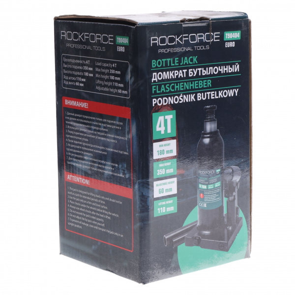 Домкрат гидравлический RF-T90404EURO бутылочный с клапаном 4т (выс.подъема 180-350мм) ROCKFORCE /1/6
