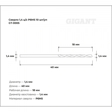 Сверло по металлу (10 шт; 1.4х18х40 мм; Р6М5) Gigant GT-0005