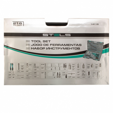 Набор инструментов, 1/4", 3/8", 1/2", Cr-V, S2, усиленный кейс, 216 предметов Stels Набор инструментов, 1/4", 3/8", 1/2", Cr-V, S2, усиленный кейс, 216 предметов Stels