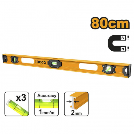 Уровень  800мм алюм. 3 глазка. магнитный  INGCO HSL28080