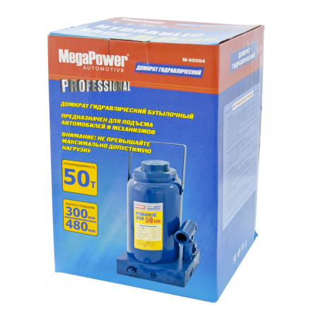 Домкрат гидравлический M-95004 бутылочный 50т (выс.подъема 300-480мм) с клапаном MEGAPOWER /1