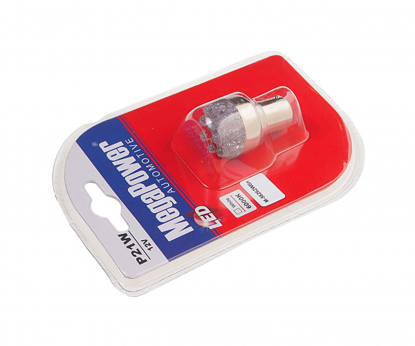 Автолампа P21W (BA15s) 12 LED WHITE блистер 6000K 84лм   12V MEGAPOWER /1 /50