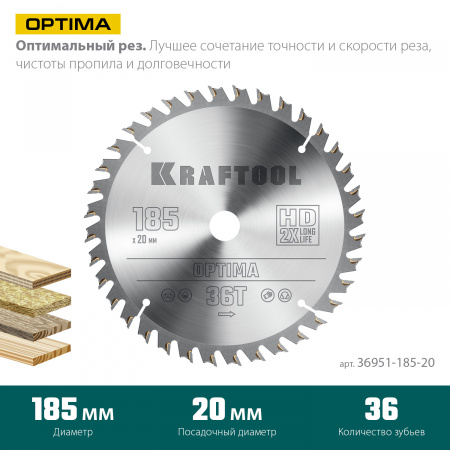 KRAFTOOL Optima, 185 х 20 мм, 36Т, пильный диск по дереву (36951-185-20)