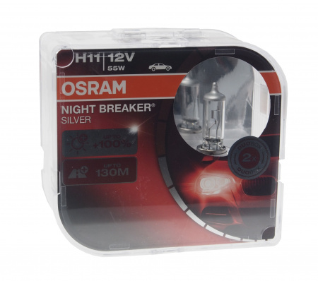 Автолампа H11 (55) PGJ19-2+100% NIGHT BREAKER SILVER (евробокс, 2шт) 12V OSRAM /1/10