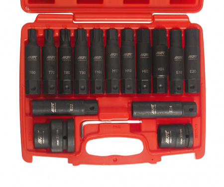 JTC Набор бит 3/4" SPLINE Е18-24, TORX Т60-100, HEX Н17-24 ударных с держат. 3/4", 1" 107мм 16 пр. JTC