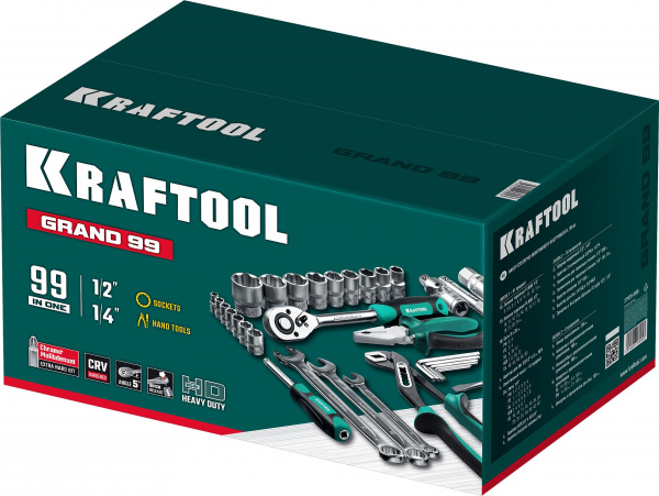 KRAFTOOL GRAND-99, 99 предм., (1/2″+1/4″), Универсальный набор инструмента (27978-H99) KRAFTOOL GRAND-99, 99 предм., (1/2″+1/4″), Универсальный набор инструмента (27978-H99)