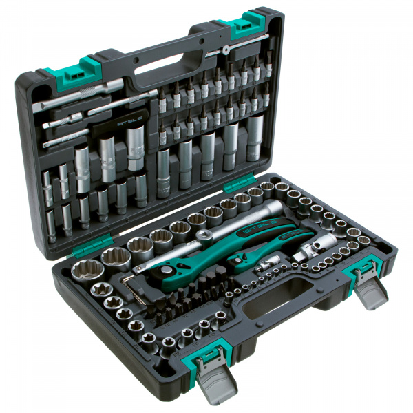 Набор инструментов 1/2", 1/4", CrV, 12 гранные головки, пластиковый кейс, 109 предмета Stels Набор инструментов 1/2", 1/4", CrV, 12 гранные головки, пластиковый кейс, 109 предмета Stels