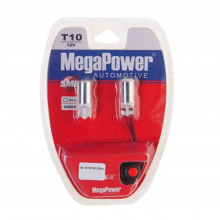 Автолампа T10W (W2,1x9,5d) 1 SMD 5050 WHITE блистер с тестером (2 шт) 6000K 20лм   12V MEGAPOWER /1 /25